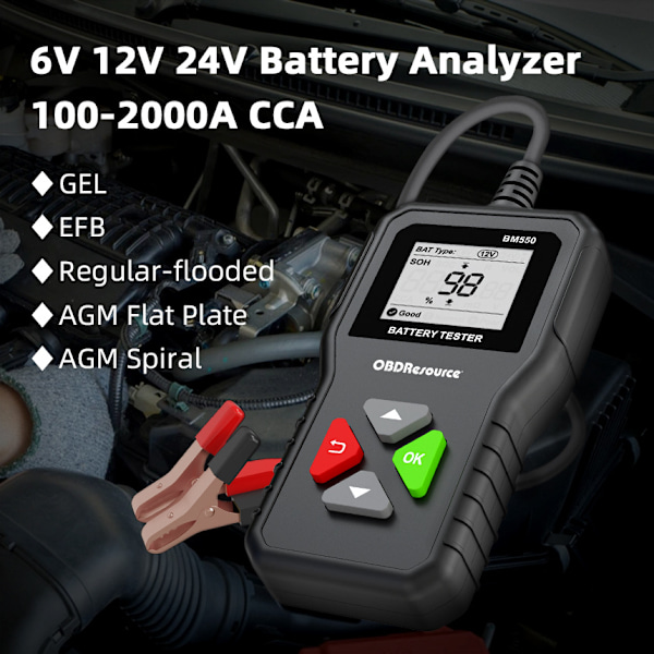 6V 12V 24V AUTO Batteritester, KINGBOLEN BM550 100-2000 CCA 2-200Ah Bilbatteritester Digital Batterianalysator for Bil/Truck/Motorsykkel/A