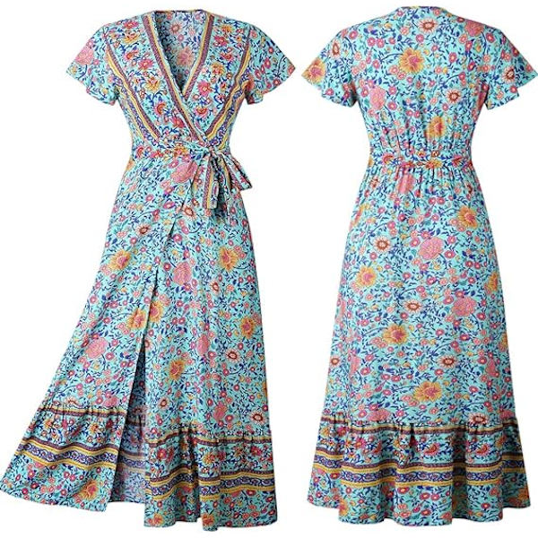 Kvinnors Boho Sommar Sid Slit Djup V-hals Korta Ärmar Lång Kjol Bälte, L