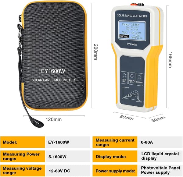 Solcellepanel Multimeter, EY1600W Fotovoltaisk Panel Multimeter Solcellepanel MPPT Tester Maksimal Effekt Punkt Strømmåler