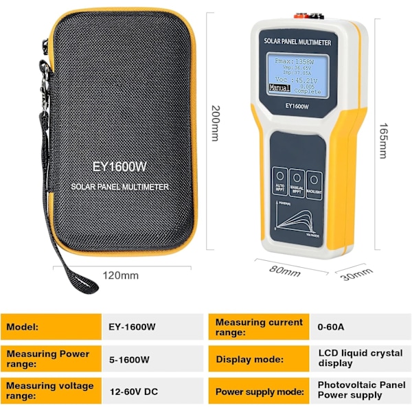 Solpanel Multimeter, EY1600W Fotovoltaisk Panel Multimeter Solpanel MPPT Tester Maksimal Effekt Punkt Effekt Måler