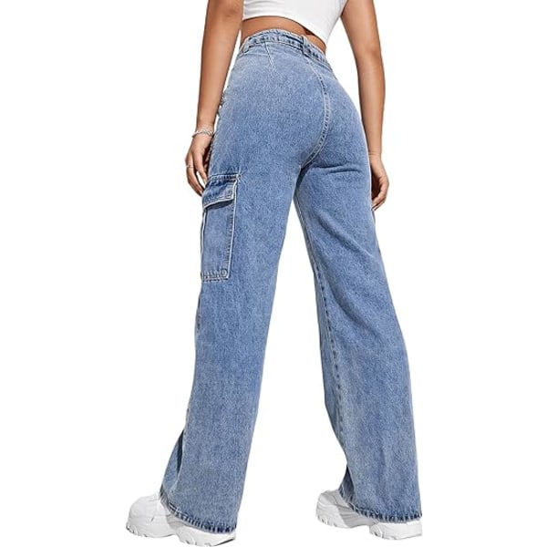 Dam hög midja Cargo Jeans Flikficka Wide Leg Jeansbyxor XL