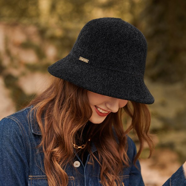 Dames Varm Uld Cloche Hat Solid Vinter Spand Hætte, Sort