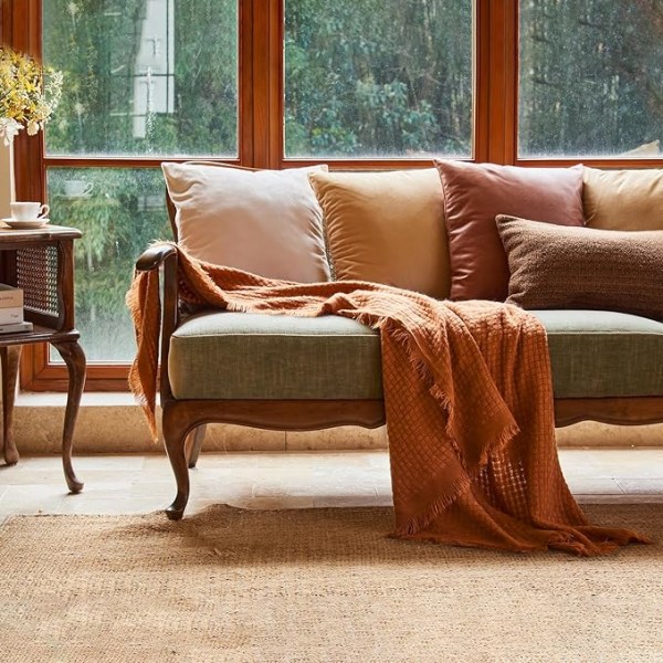 Släng filt för soffa - Mjuk Boho Jul, Mysig Höst Stickad Orange Våffel T