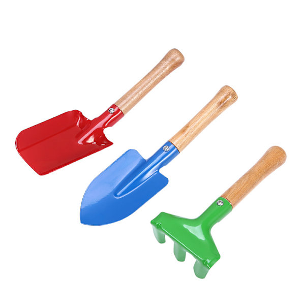 3-delt sett med hageredskap for barn, spade, rive, spade - tre og metall for barn og voksne