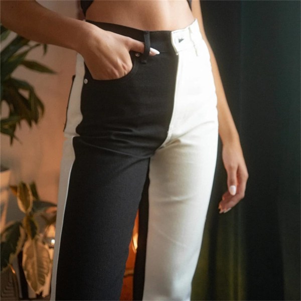 Kvinnors Colorblock High Waist Jeans Tvåfärgade Rakben Denim P