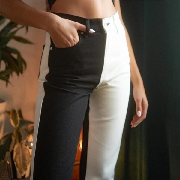Kvinnors färgblock hög midja jeans Tvåfärgad raka ben Denim P