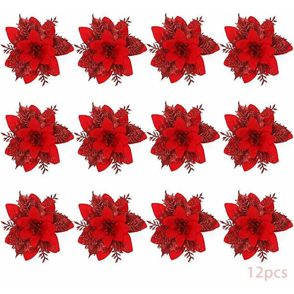 12 stk. kunstige juleblomster, julestjerne, juleblomst, juletræspynt, kunstige juleblomster (rød)