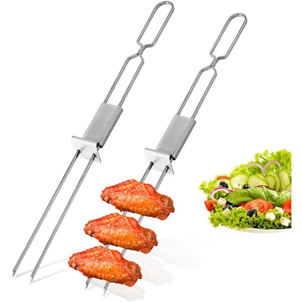 2 st semi-automatiska grillgafflar i rostfritt stål, köksgafflar, grill, lång gaffel, marshmallow, grill, varmkorv, lägereld, köksrostningsbestick