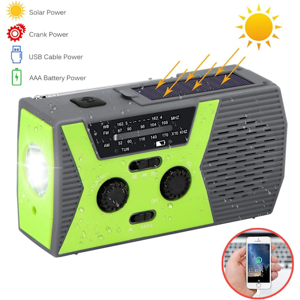 Bärbar solradio, handvevad självdriven AM/FM/NOAA-radio, 3-LED-ficklampa