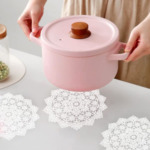 Rund spetsbordstablett, Rund spetsbroderad bordstablett, Julunderlägg, Vit handbroderad bomullsblommig bordstablett, Lämplig för koppar, vaser, te