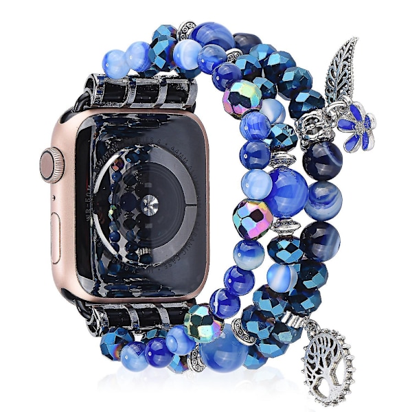 Fashion Iwatch Blå Krystal Perle Armbånd Rem Med Livets Træ Og Blad Vedhæng Til Apple Watch Serie 8 49/45/44/42MM