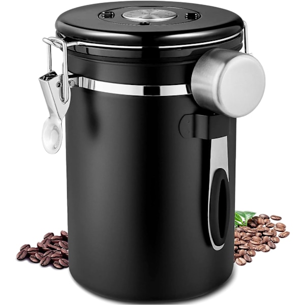 Rustfrit Stål Lufttæt Kaffebeholder, 1,8L Lufttæt Opbevaringsbeholder med Datohjul og Gratis Måleske til Kaffe Bønner, Te, Nødder