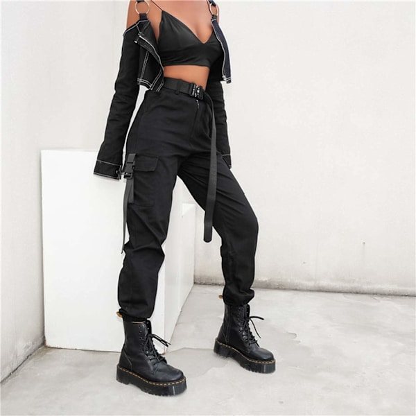 Dam High Waist Svarta Cargo Byxor Med Fickor Lösa Solida Y2k Street Pa