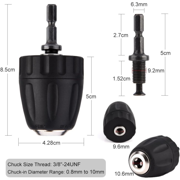 Skrutrekkerchuck, 0,8-10mm 3/8\"-24UNF nøkkelfri borechuck med 1