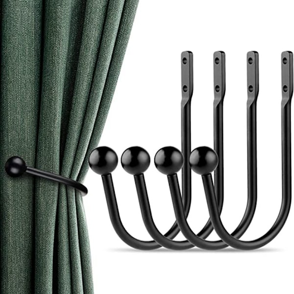 Set of 4 Black Metal Curtain Tiebacks, U-Shaped Metal Hook Tiebacks, Curtain Tiebacks, Metal Curtain Wall Hook for Tiebacks