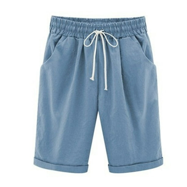 Kvinners sommer shorts blonder opp elastisk midje løs bukse,XL,LYSEBLÅ