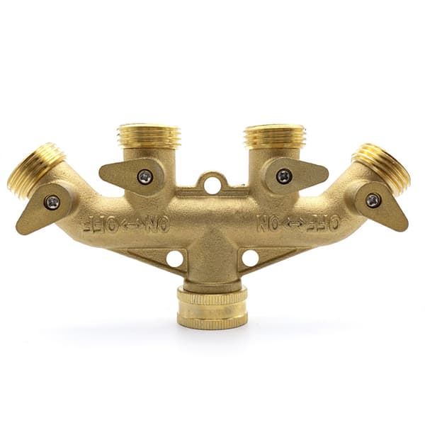 4-veis messingkranmanifold hageslangekobling, messing individuell stengeventil med hannkontakt, solid messing