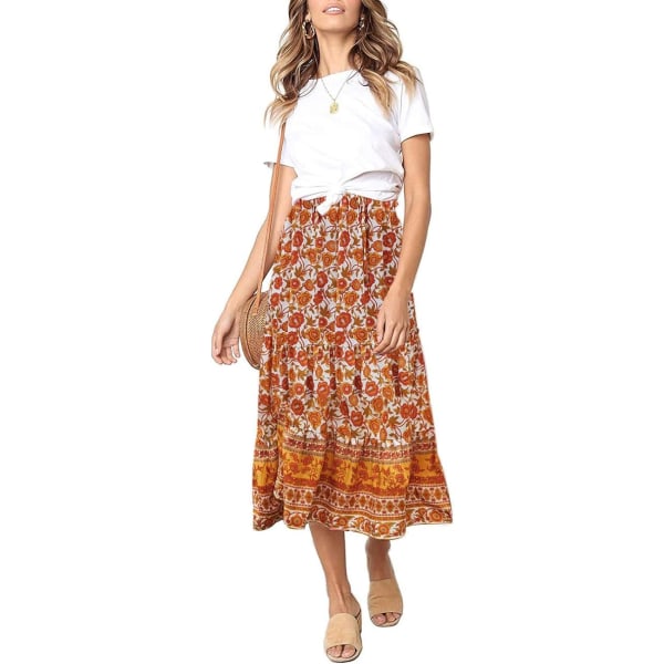 Kvinders Boho blomsterprint Elastisk høj talje plisseret A Line Midi-nederdel XL