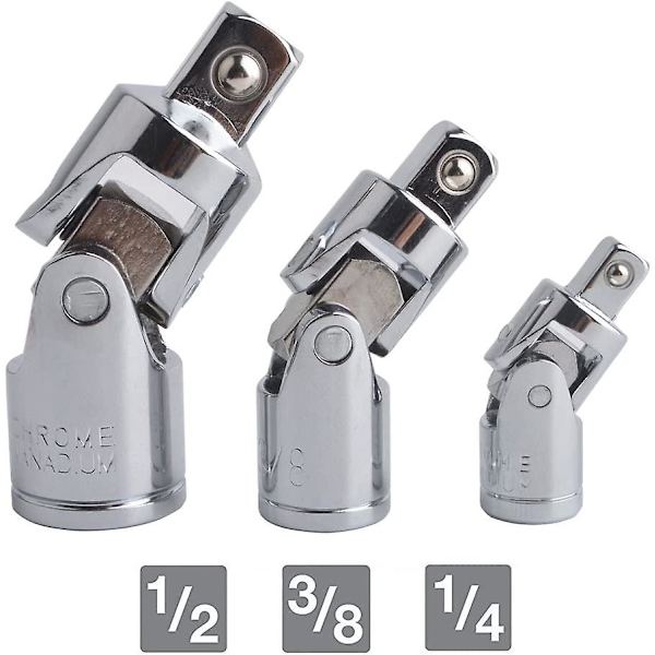 3-delad universell ledkulssats med vridbar drivadapterreducer i kromfinish av Cr-V-stål, 1/4 tum, 3/8 tum, 1/2 tum (6,3 mm/10 mm/12,5 mm)