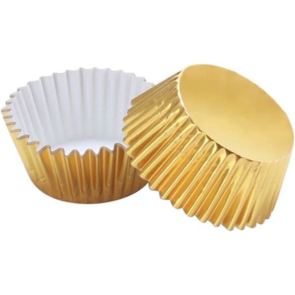 Set med 100 aluminiumsfolie cupcake-innpakninger for muffins, cupcakes, kaker (gull)