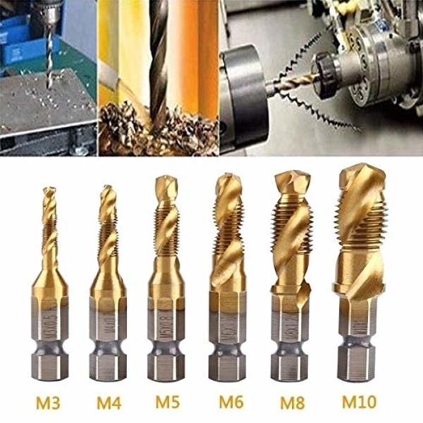 HSS borrbitsset sexkantskaft metriska gäng HSS borr- och gängbits för koppar plast trä aluminium 6st/set M3 M4 M5 M6 M8 M10