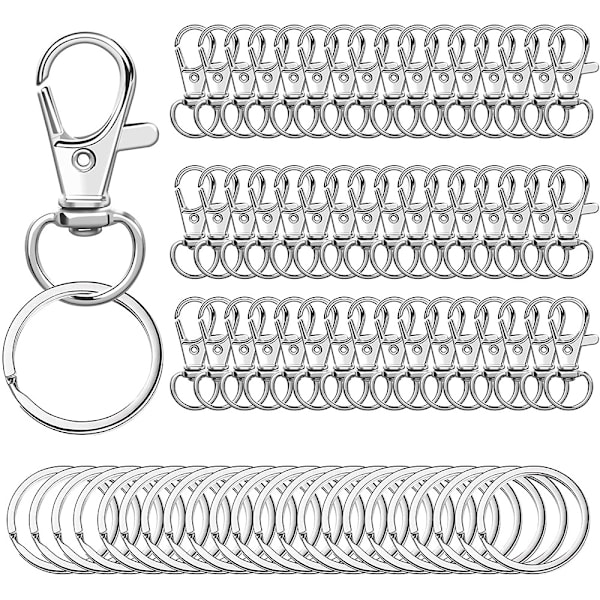 100 stk Nøkkelringkroker med nøkkelring, metall svingbare hummerlåser, for nøkkelring lanyard, smykkeproduksjon, håndverk (sølv)