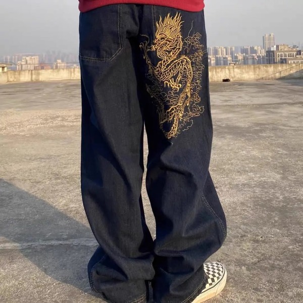 Amerikansk retro street løst broderede jeans med lige ben, kvinder 2022 ny c
