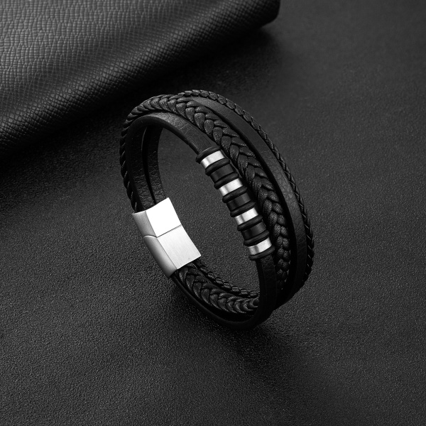 Snyggt högkvalitativt slitstarkt flätat läderarmband svart/silver