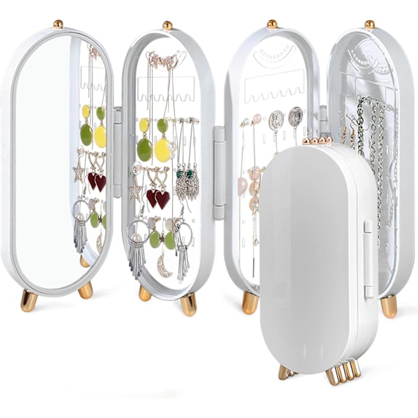 Smyckeskrin förvaring stativ, örhänge display organizer hållare med spegel och 4 dörrar, vikbar skärm för kvinnor hängande halsband, vit