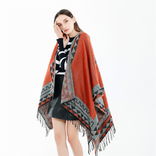 Dame Vinter Trykt Åpen Front Poncho Cape Rutete Sjal