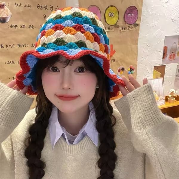 Hæklet spandhat til kvinder, trendy strikket blomster floppy cap, sød boho