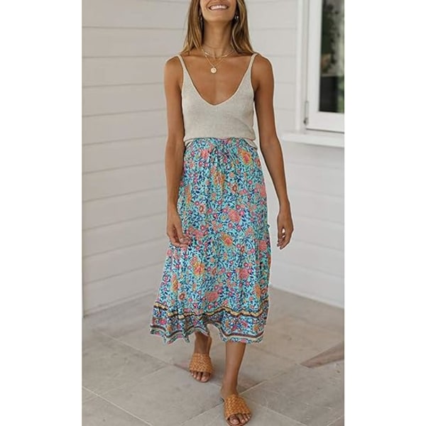 Kvinders Boho Blomsterprint Elastisk Højtaljet Plisseret A-Linje Midi Nederdel blå