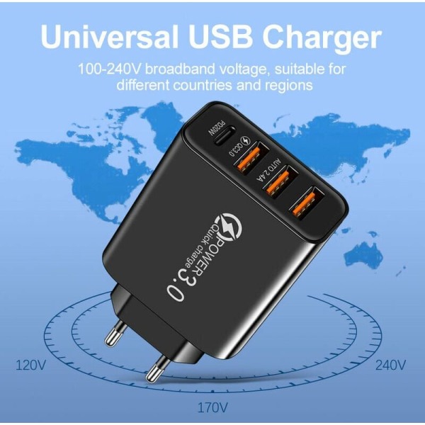 Hurtiglader 3.0 USB vegglader og USB C-kabel, QC 3.0 30W/6A 4-porters hurtig