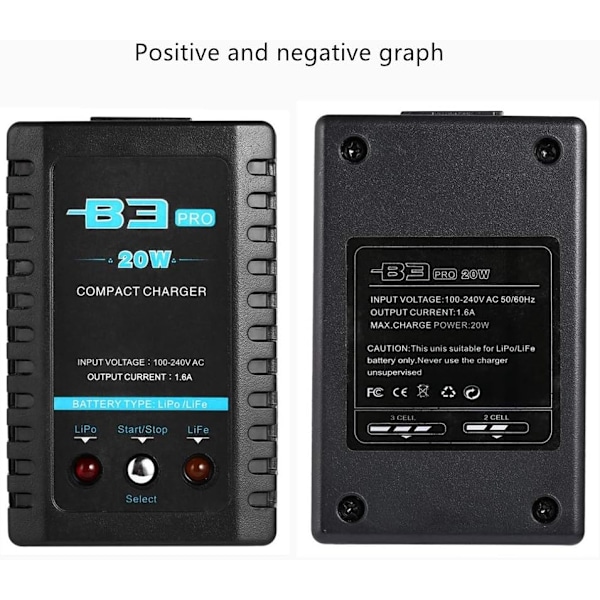 B3 20W 1.6A Pro Balance-lader til 2S 3S 7.4V 11.1V Lithium LiPo Batteri Mini Bærbar RC Flyvemaskine Lader - Sort