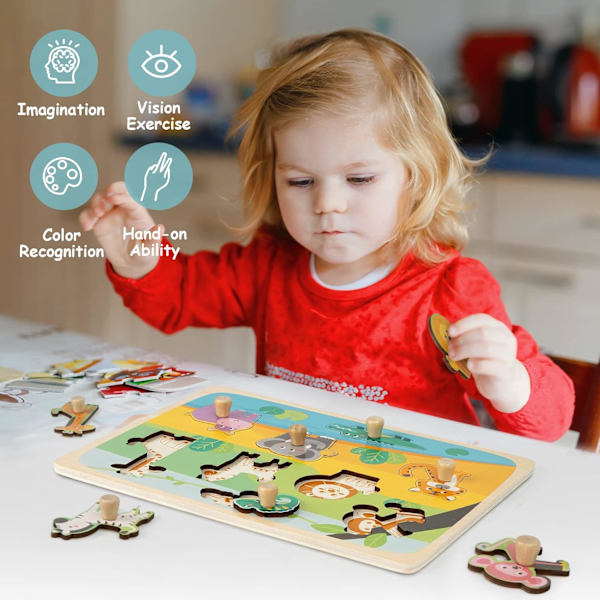Träpussel 1 år gammal, Montessori-babyleksak, pedagogiska lärande spel för djur för bebisar 1 2 3 år gamla pojkar flickor födelsedagspresent julklapp
