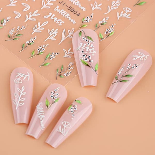 5D Präglade Blomsterblad Nagelkonst Dekaler 3 Ark