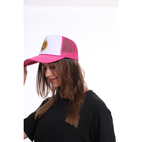 Fashion Smiley Sequin Print Neon High Crown Foam Mesh Back Trucker Cap - Unisex, One Size rosa