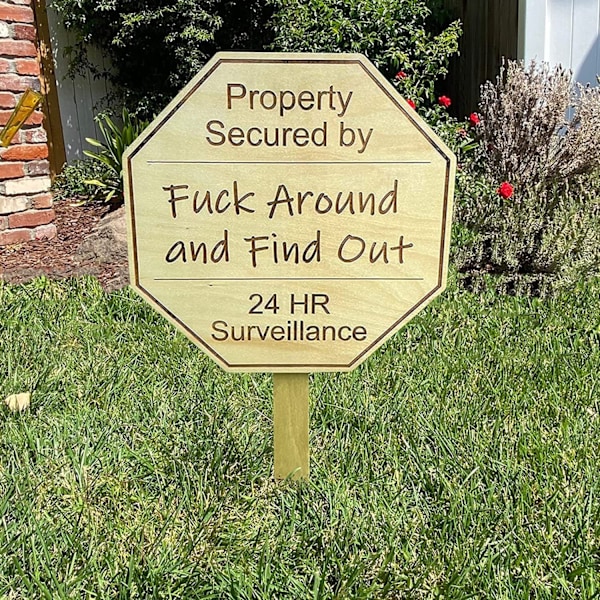 Skyddad av Fuck Around and Find Out Surveillance Metal Tin Sign Väggkonst