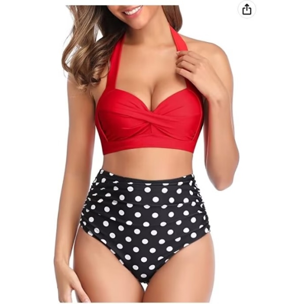 Kvinnors tvådelade vintage baddräkt retro halterneck rynkad hög midja bikini med