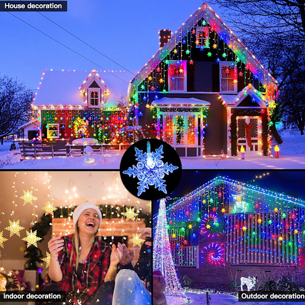 Fargerike LED-gardinlys, julelys med snøfnugg, 9M