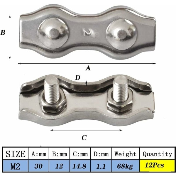 12 stk. Duplex rustfrit stål klemmer dobbelt rustfrit stål kabel klemmer reb forbindelsesklemme Duplex kabel klemme M2 klemme kabel klemme til 1,5 mm metal kabel klemmer, sølv