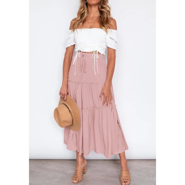 Kvinders Boho Elastisk Højtaljet A-Linje Ruffle Swing Strand Maxi Nederdel med Lommer XL