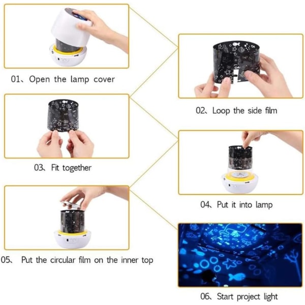 8 moduser og 8 temaer 360° roterende LED-projektorlampe, oppladbar nattlysstjerneprojeksjon for baby barn voksen soverom