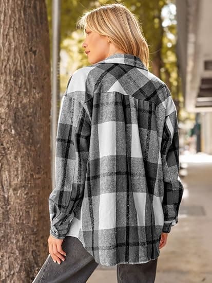 Womens Casual Plaid Shacket Button Down Long Sleeve Shirt（Størrelse：L）