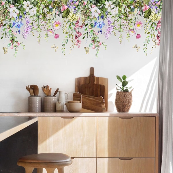 Blomster veggklistremerker, flygende sommerfugler blomster veggklistremerker, hageblomster friske grønne blader veggklistremerker, DIY planter kunstdekor for soverom, sykepleier