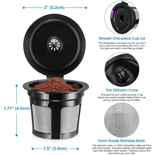 Gjenbrukbare K-kopper, 4-pakning Universal Fit Gjenbrukbare Kaffe Filtre med Mat Grade Rustfritt Stål Mesh Miljøvennlige Kaffe Gjenbrukbare Pods for Keurig 1.0 og 2.0 Bryggere (Svart)