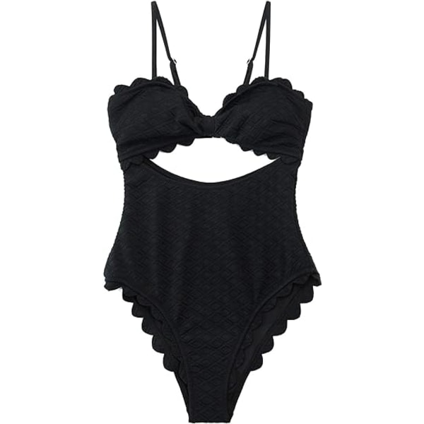 Women's One Piece Swimsuit Sexy Black Cutout Scallop Embellished Swimsuit X