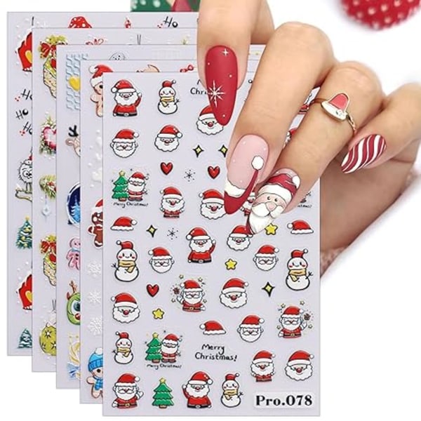 6 ark Christmas Nail Art Stickers Dekaler Självhäftande Söt Santa Snowfl