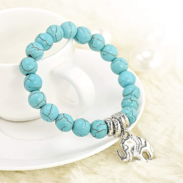 Perle Armbånd Til Kvinder - Fashion Naturlig Turkis Sten Perle Tibet Sølv Tone Elefant Charm Armbånd