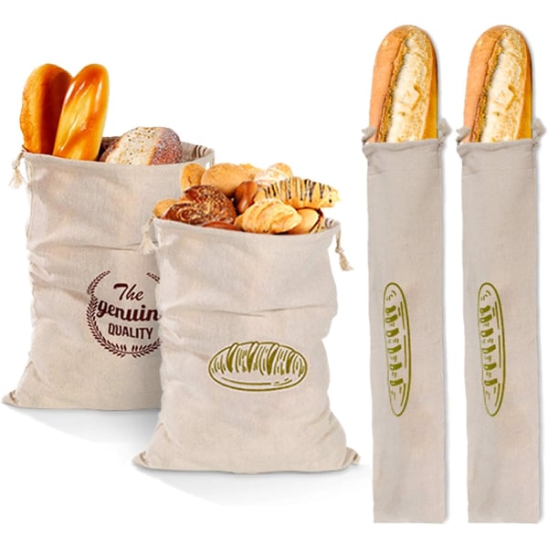 Pakke med 4 genanvendelige linnedbrødposer til frisk og åndbar brød